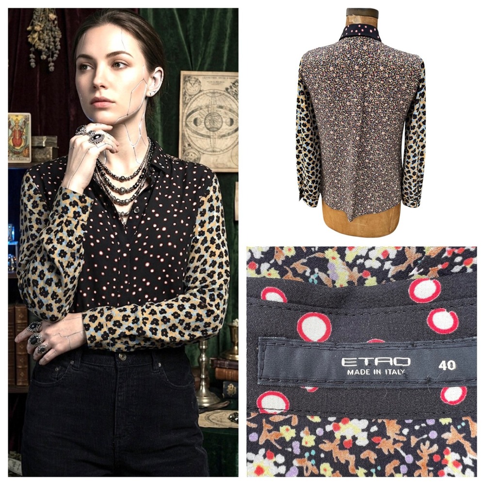 ETRO Milano Silk Blouse Mixed Print Polka Dot Floral Whimsigoth Artsy Size 4 US